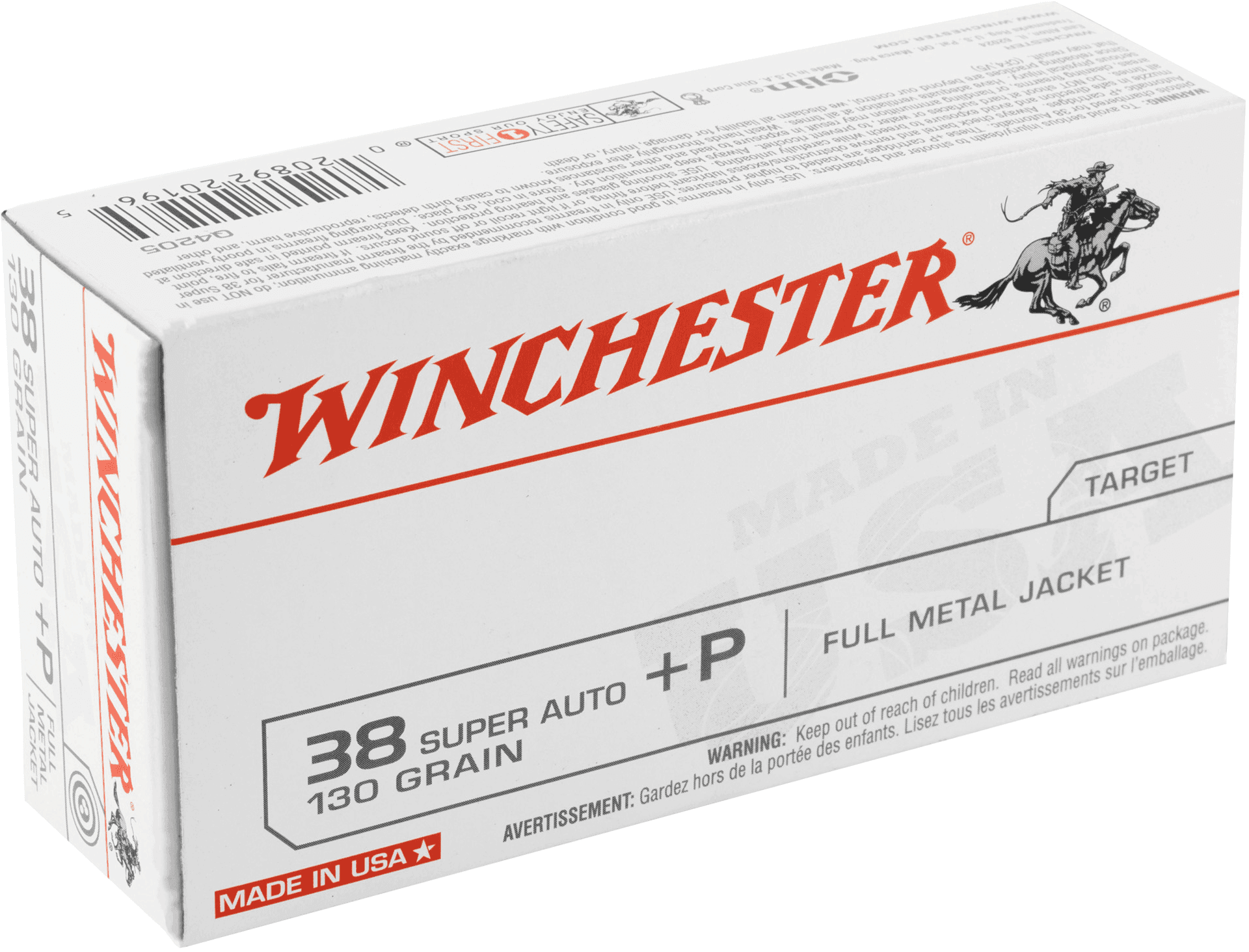 Winchester Ammunition USA 38 Super 130 Grain Full Metal Jacket +P Handgun Ammo - 50 Rounds