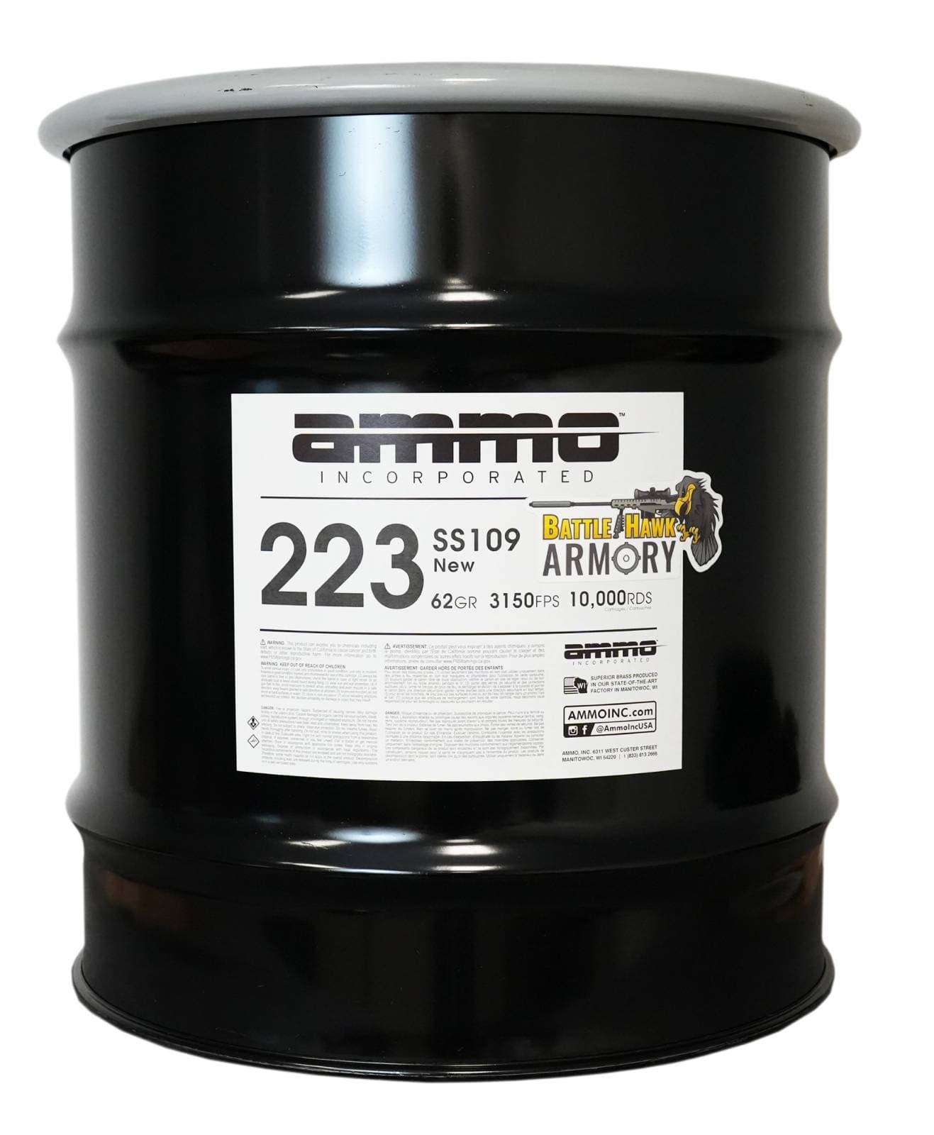 Ammo Inc 223 62 Grain SS109 Steel Penetrator Brass Full Metal Jacket Ammunition 10000RD Drum