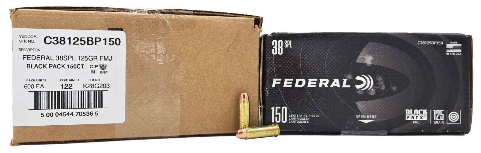 Federal Black Pack 38 Special 125 Grain Full Metal Jacket Ammunition 600 RD Case 4x150rd Boxes