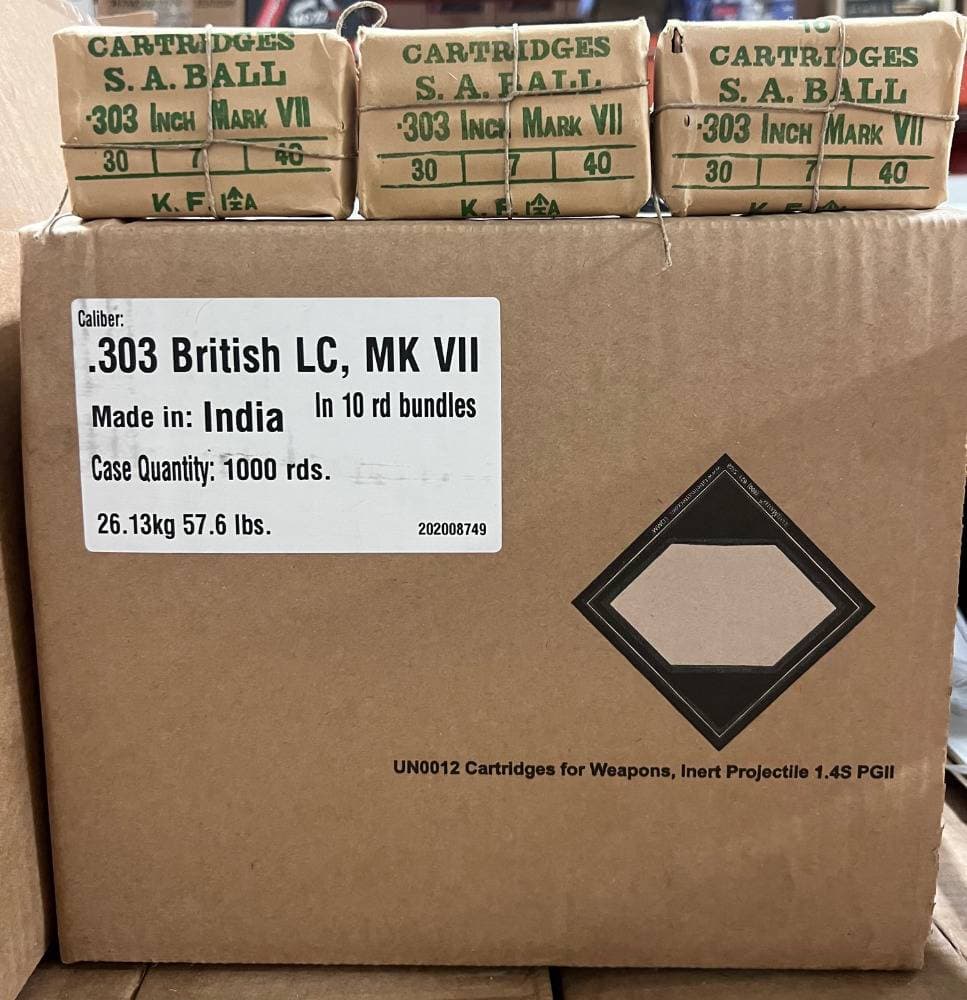 Surplus Indian Military 303 British Mk Vii 174GR FMJ Corrosive Berdan Primed Case Of 1000 Rounds