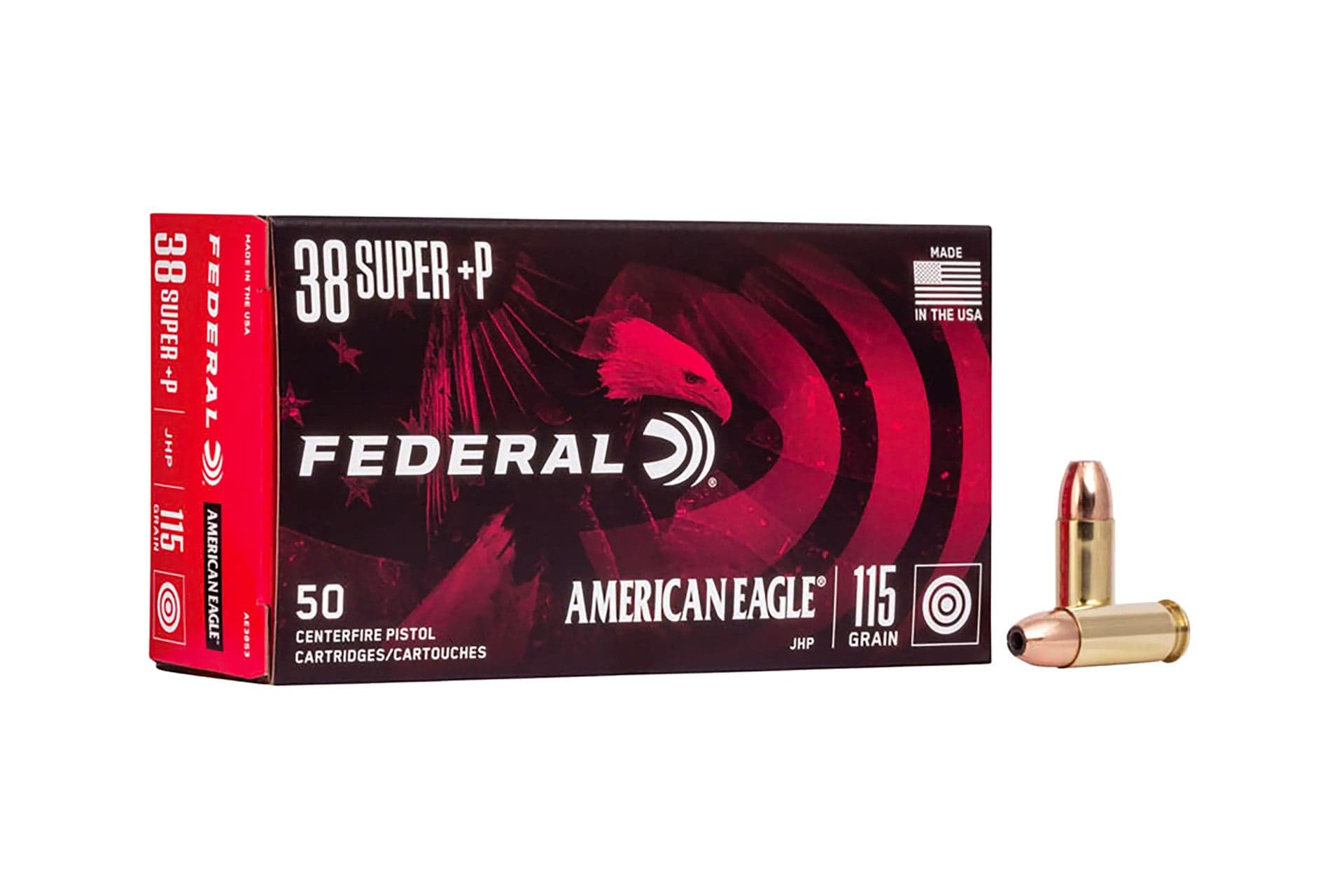 Federal AE38S3 American Eagle 38 Super +P 115 gr Jacketed Hollow Point (JHP) Ammo Handgun Ammo - 50 Rounds