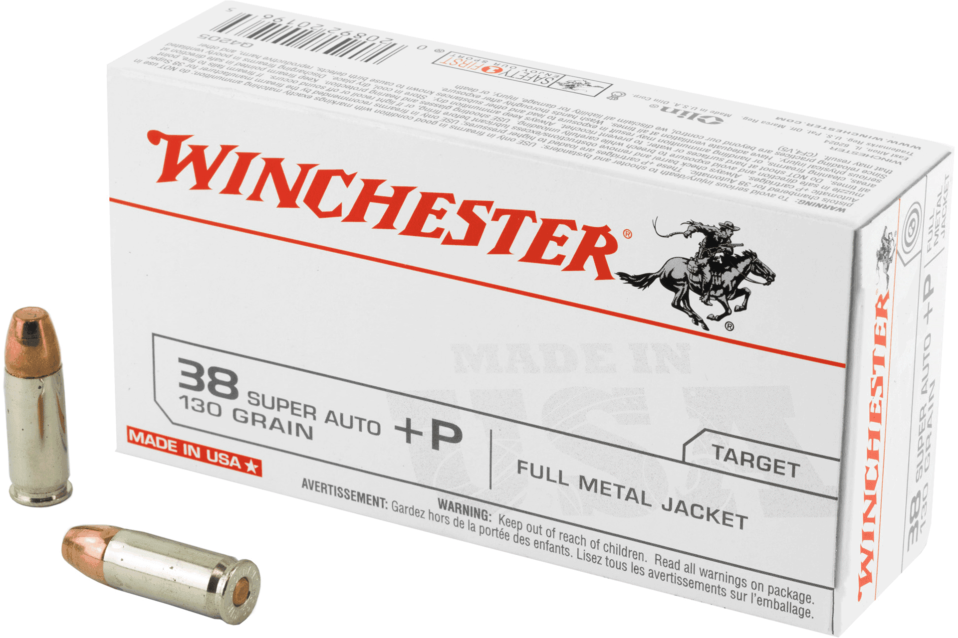 Winchester Ammunition USA 38 Super 130 Grain Full Metal Jacket +P Handgun Ammo - 50 Rounds