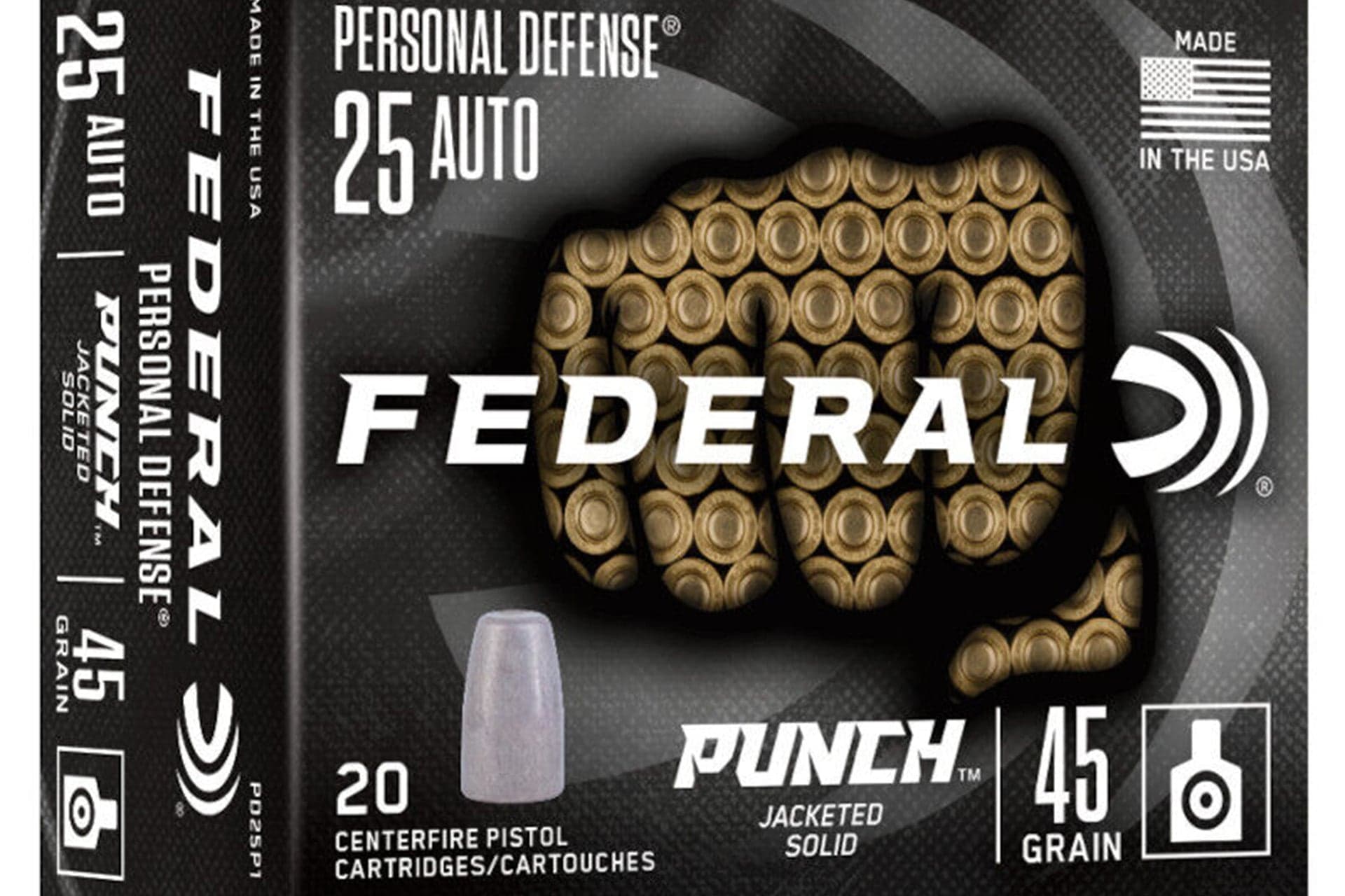 Federal Ammunition PD25P1 Premium Personal Defense Punch 25 ACP Luger 45 gr JHP Ammo Handgun Ammo - 200 Rounds