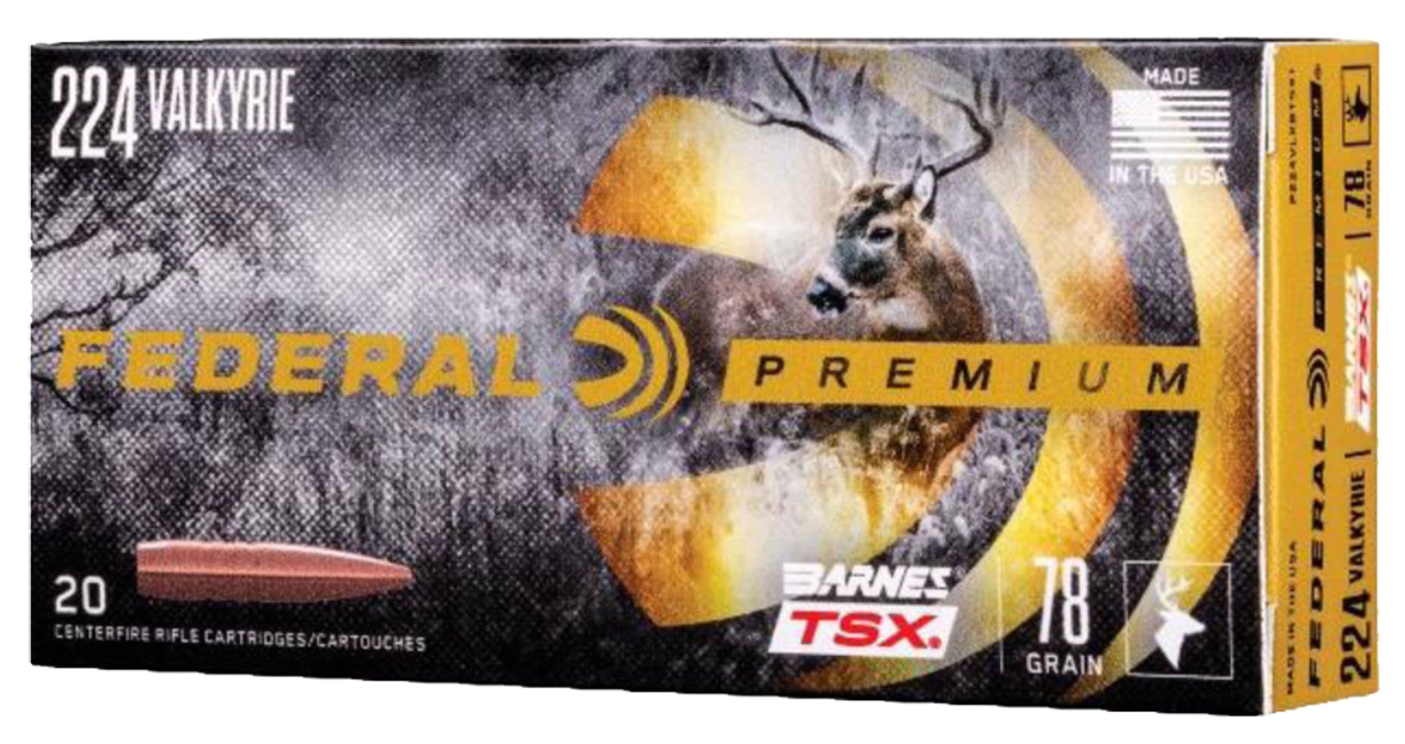 Federal Premium Barnes TSX 78 gr Triple-Shock X .224 Valkyrie Ammo, 20/box - P224VLKBTSX1